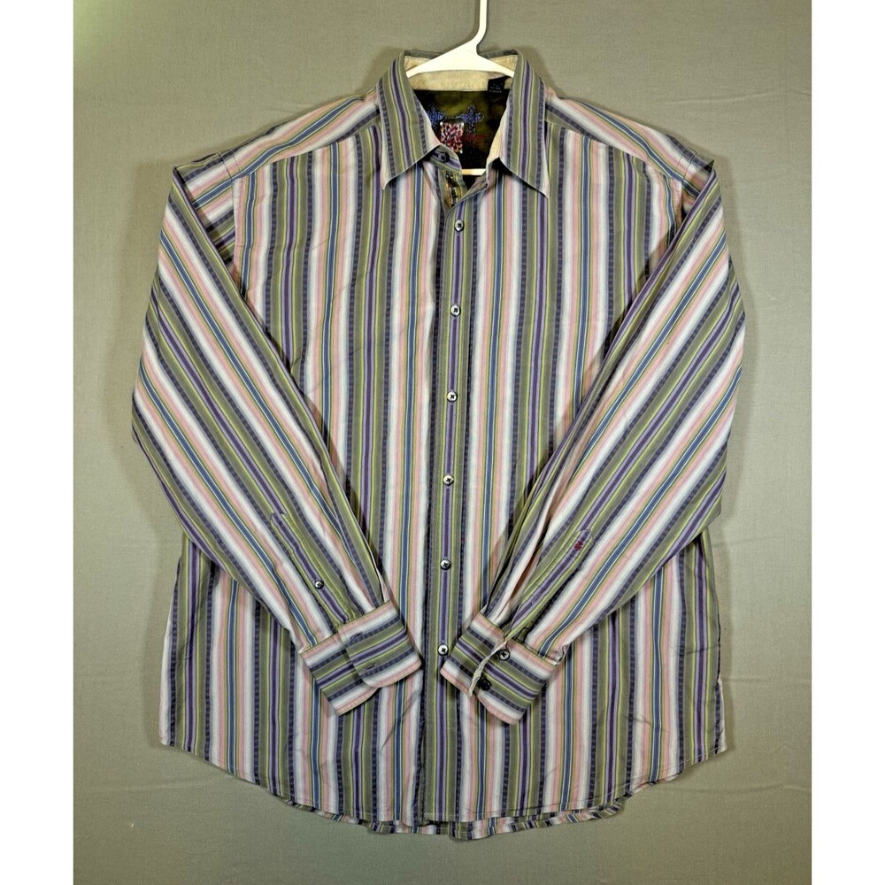 Men's Robert Graham Purple Green Striped Button Down Shirt Size XL Fun Print